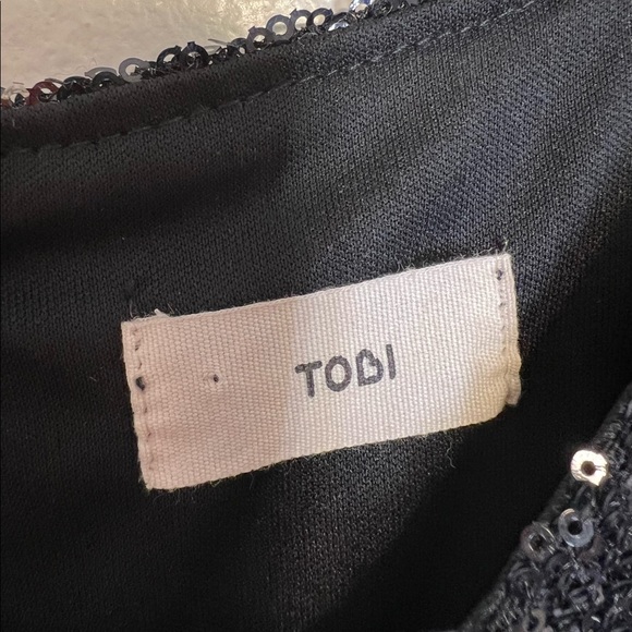 Tobi Fit and Flare Black Sequin Dress. Sheer lined Skirt. Tiny Sequins Stretch S - Picture 7 of 9